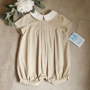 Boy's Pinwale Corduroy Romper Khaki/Tan Peter Pan Collar Boutique 6 Months NWT